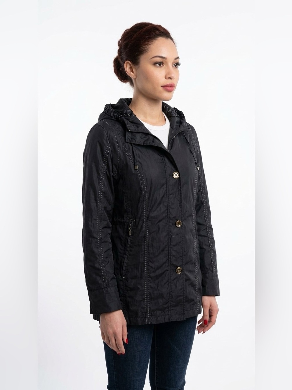 JUNGE DARK NAVY HOODED JACKET WITH DRAWSTRING WAIST WOMAN SIZE 16